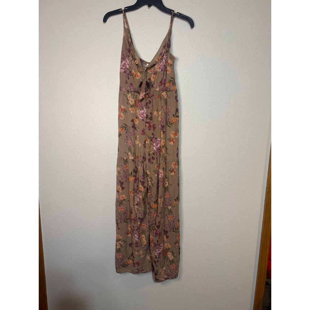 Charlotte Russe Floral Wide Leg Jumpsuit Tan Boho Keyhole Tie Front Medium